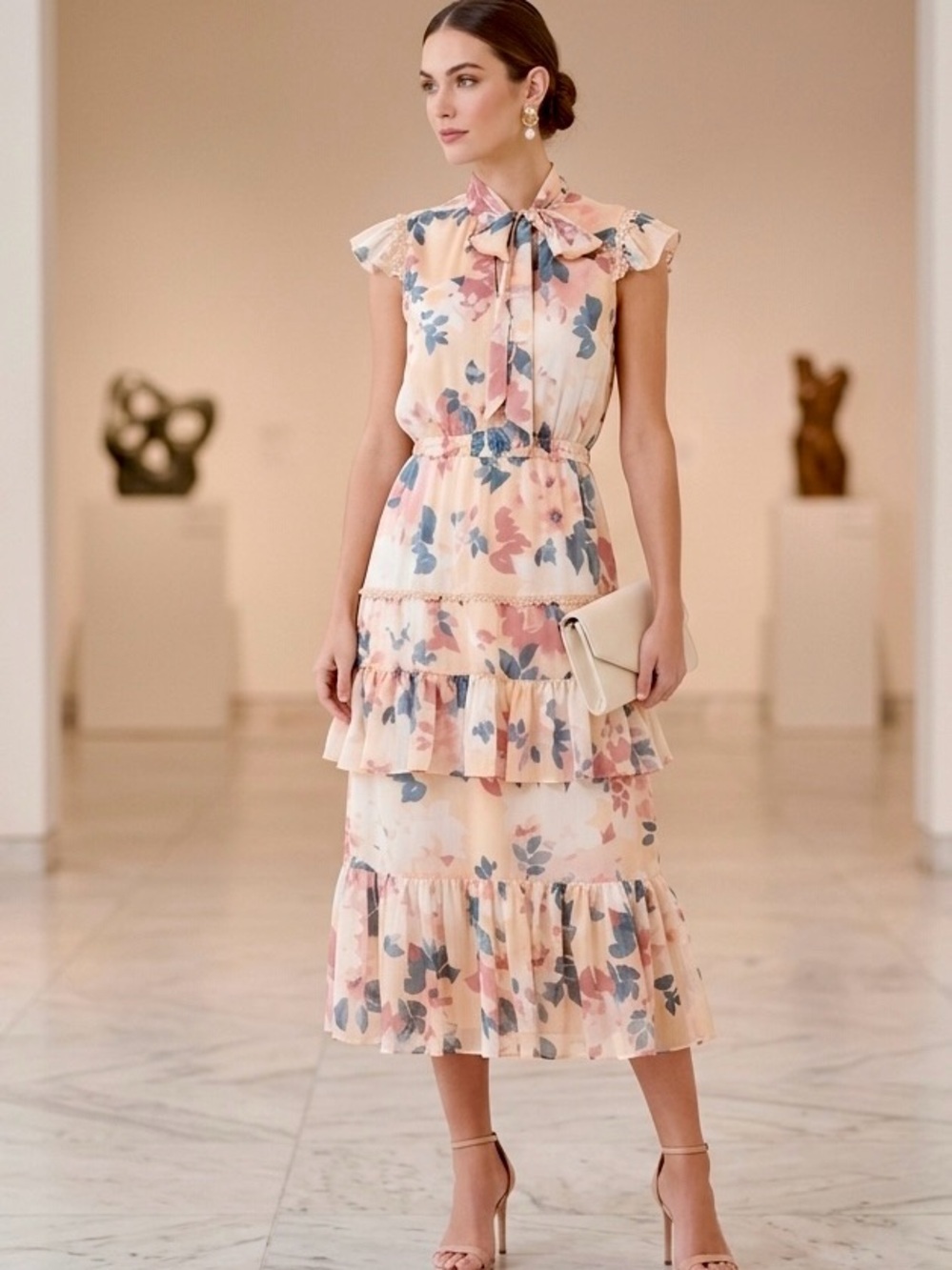 Ryegrass Women’s Peach Floral Tiered Tie Neck Slip Dress  Size S
 Midi Dress